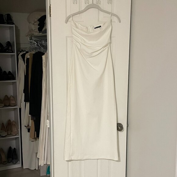 ZARA dress bodycon strapless sleeveless tailored midi white wedding party - Picture 5 of 8